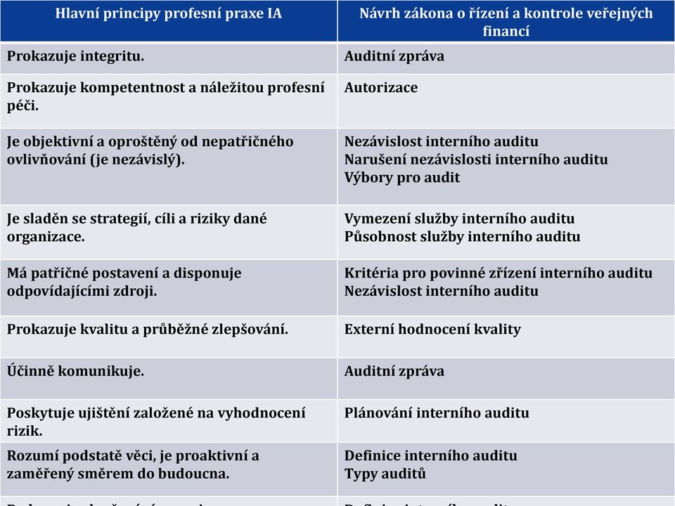 Poskytuje ujištění založené na vyhodnocení rizik. Rozumí podstatě věci, je proaktivní a zaměřený směrem do budoucna.