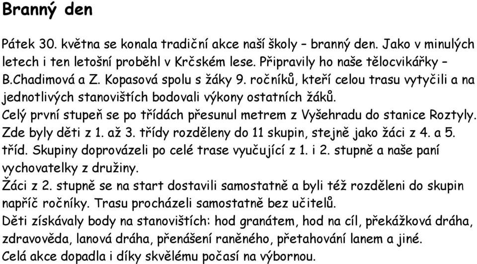 Celý první stupeň se po třídách přesunul metrem z Vyšehradu do stanice Roztyly. Zde byly děti z 1. až 3. třídy rozděleny do 11 skupin, stejně jako žáci z 4. a 5. tříd. Skupiny doprovázeli po celé trase vyučující z 1.