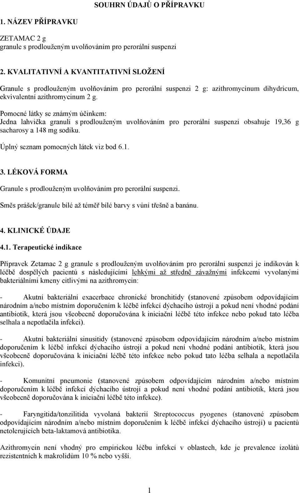 Pomocné látky se známým účinkem: Jedna lahvička granulí s prodlouženým uvolňováním pro perorální suspenzi obsahuje 19,36 g sacharosy a 148 mg sodíku. Úplný seznam pomocných látek viz bod 6.1. 3.