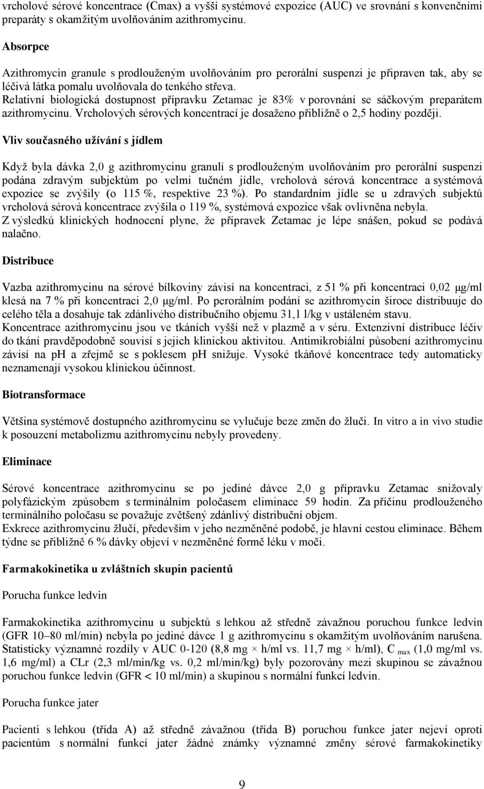 Relativní biologická dostupnost přípravku Zetamac je 83% v porovnání se sáčkovým preparátem azithromycinu. Vrcholových sérových koncentrací je dosaženo přibližně o 2,5 hodiny později.