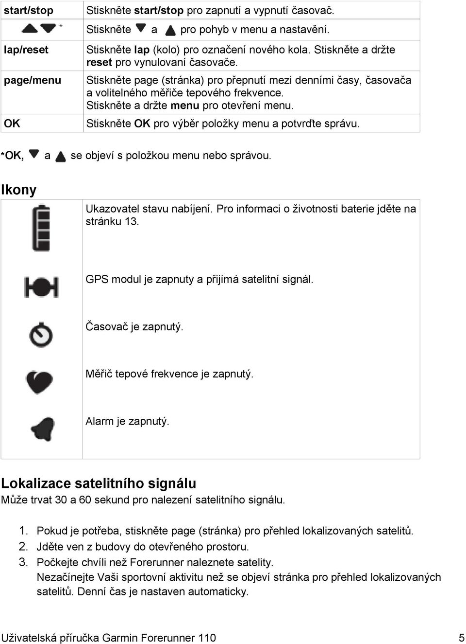 Stiskněte OK pro výběr položky menu a potvrďte správu. *OK, a se objeví s položkou menu nebo správou. Ikony Ukazovatel stavu nabíjení. Pro informaci o životnosti baterie jděte na stránku 13.