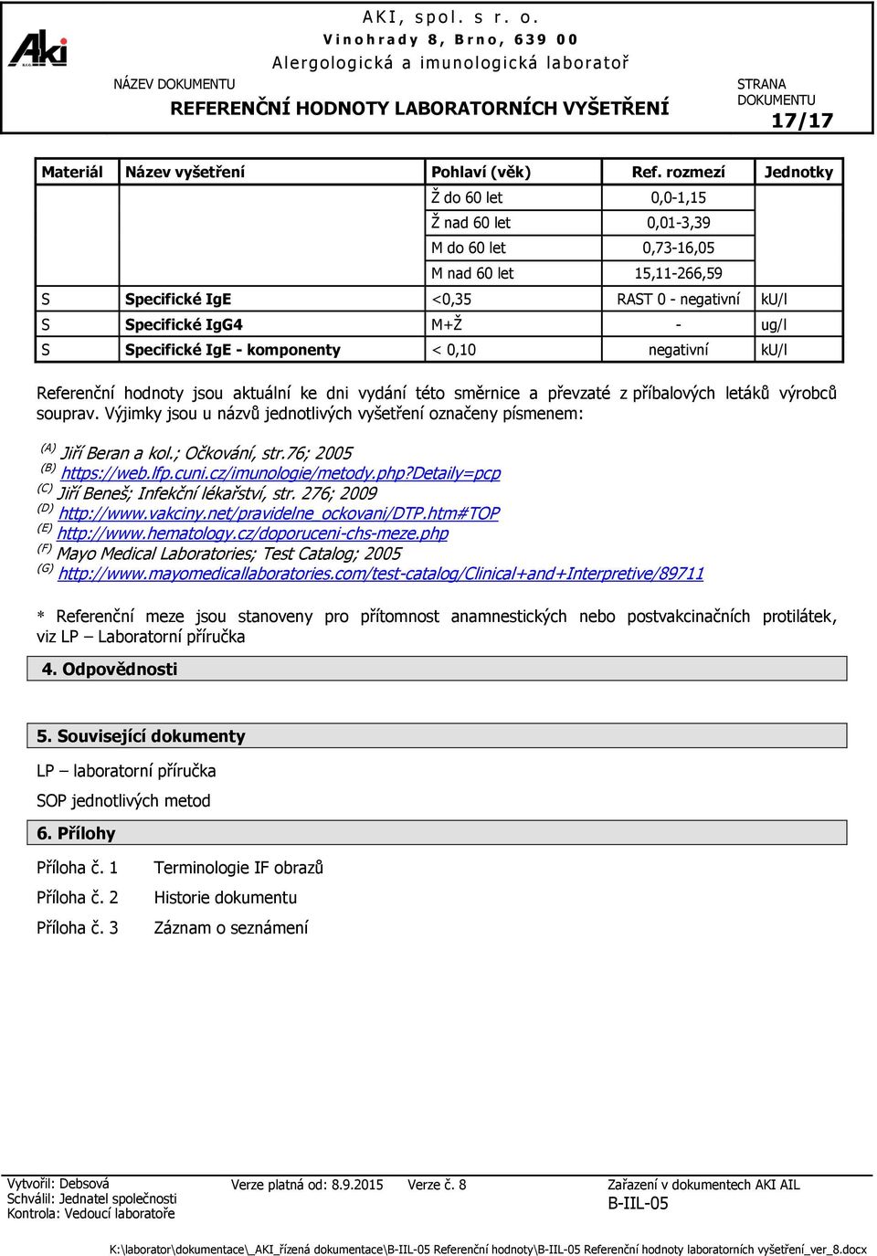 souprav. Výjimky jsou u názvů jednotlivých vyšetření označeny písmenem: (A) Jiří eran a kol.; Očkování, str.76; 2005 () https://web.lfp.cuni.cz/imunologie/metody.php?