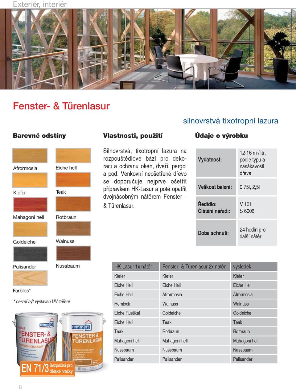 12-16 m²/litr, podle typu a nasákavosti dřeva 0,75l, 2,5l V 101 S 6006 Goldeiche Walnuss 24 hodin pro další nátěr Palisander Farblos* Nussbaum * nesmí být vystaven UV záření Bezpečná pro EN 71/3