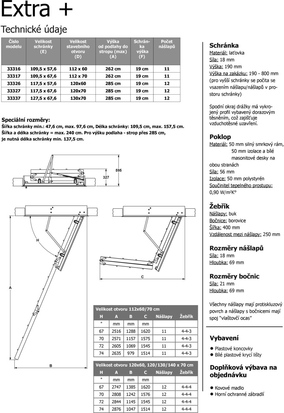 Šířka schránky min.: 47,6 cm, max. 97,6 cm, Délka schránky: 109,5 cm, max. 157,5 cm. Šířka a délka schránky = max. 240 cm. Pro výšku podlaha - strop přes 285 cm, je nutná délka schránky min. 137,5 cm.