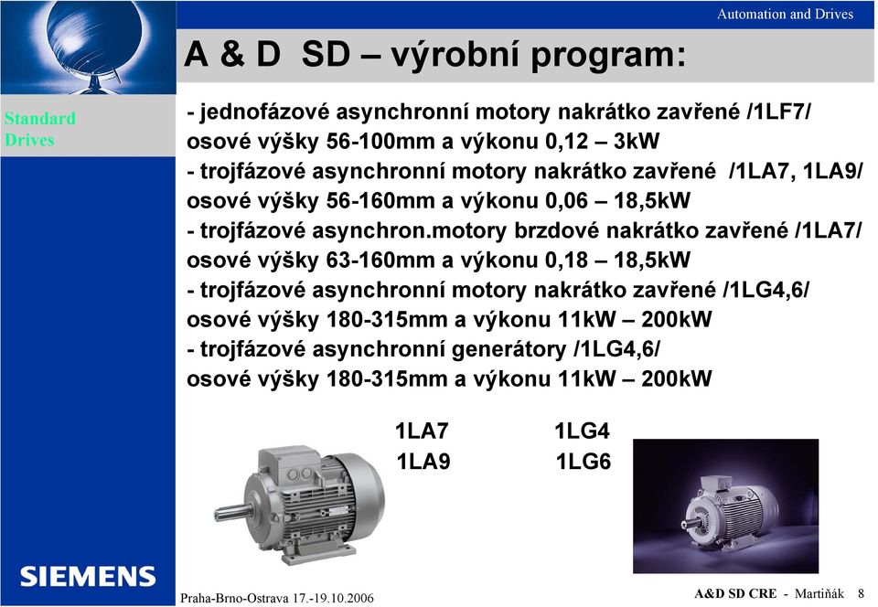 motory brzdové nakrátko zavřené /1LA7/ osové výšky 63-160mm a výkonu 0,18 18,5kW - trojfázové asynchronní motory nakrátko zavřené /1LG4,6/