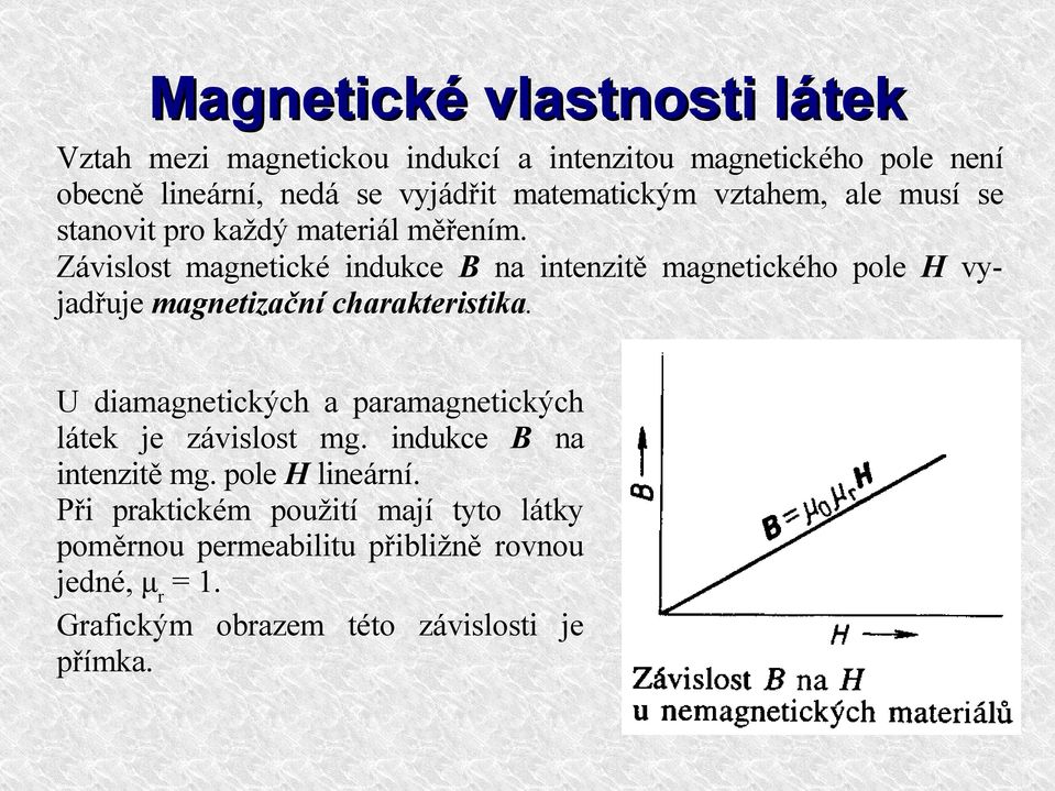 Závislost magnetické indukce B na intenzitě magnetického pole H vyjadřuje magnetizační charakteristika.