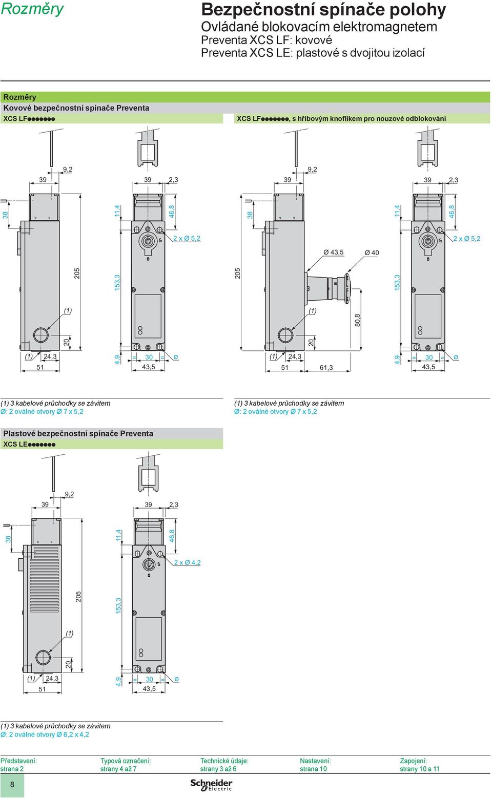 se závitem Ø: 2 oválné otvory Ø 7 x 5,2 (1) 3 kabelové průchodky se závitem Ø: 2 oválné otvory Ø 7 x 5,2 Plastové bezpečnostní spínače Preventa XCS LEppppppp 39 9,2 39