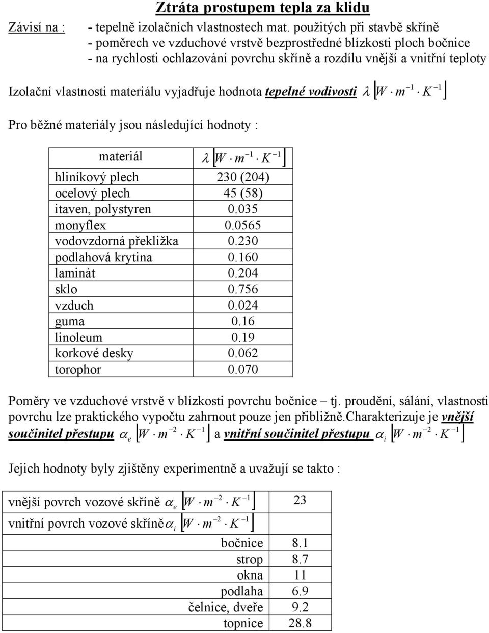 vodvost λ Pro běžé matrály sou áslduící hodoty : matrál λ [ W m ] hlíkový plch 230 (204) oclový plch 45 (58) tav, polystyr 0.035 moyflx 0.0565 vodovzdorá přklžka 0.230 podlahová kryta 0.60 lamát 0.