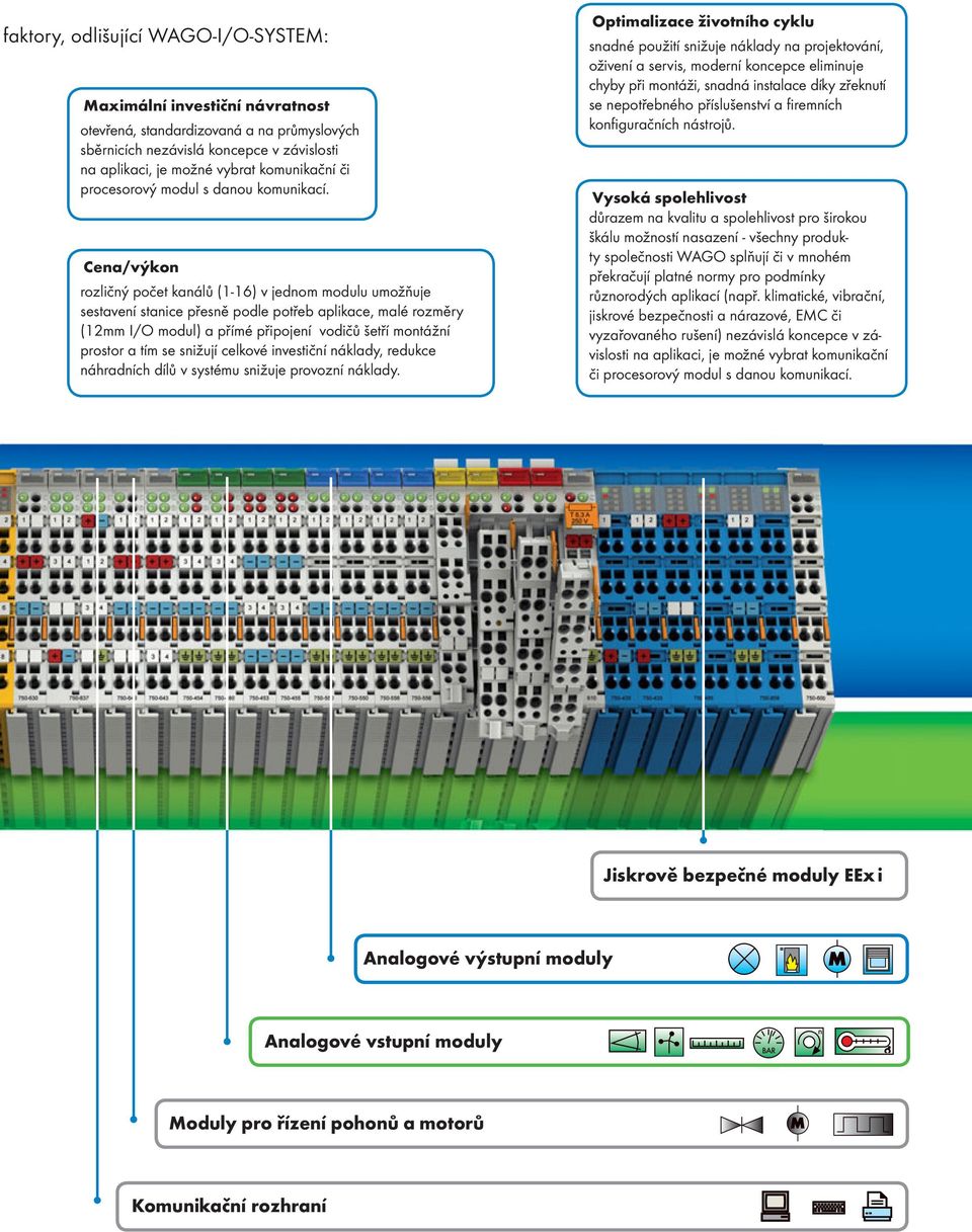 Cena/výkon rozličný počet kanálů (1-16) v jednom modulu umožňuje sestavení stanice přesně podle potřeb aplikace, malé rozměry (12mm I/O modul) a přímé připojení vodičů šetří montážní prostor a tím se