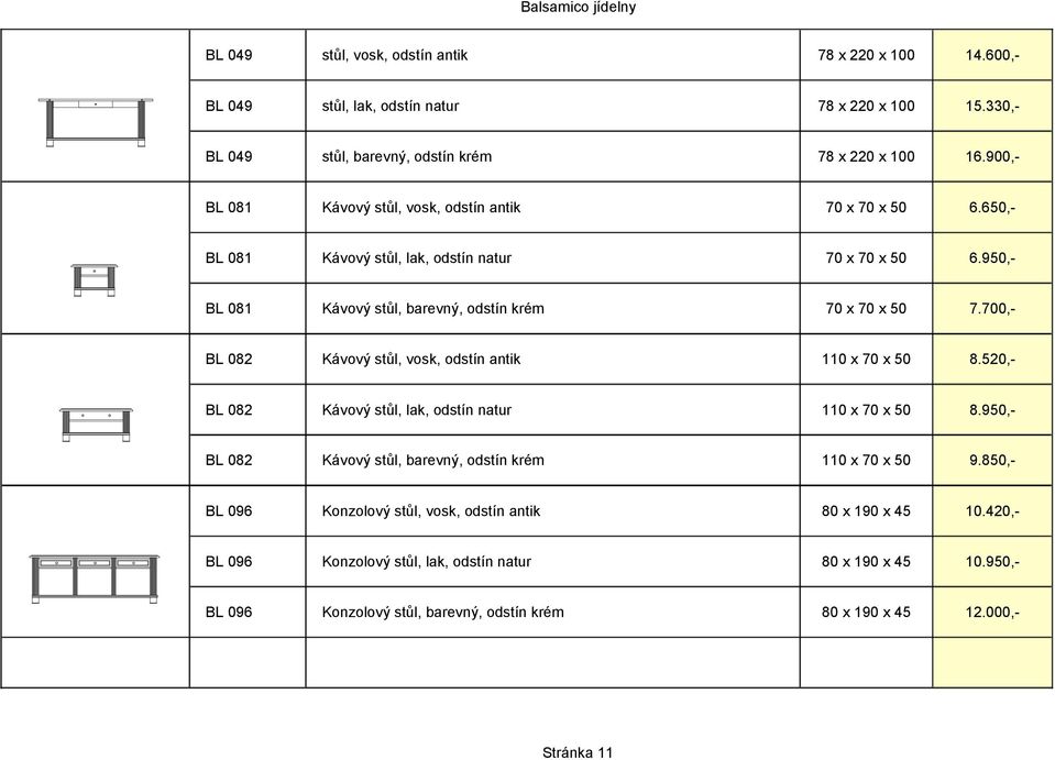 700,- BL 082 Kávový stůl, vosk, odstín antik 110 x 70 x 50 8.520,- BL 082 Kávový stůl, lak, odstín natur 110 x 70 x 50 8.950,- BL 082 Kávový stůl, barevný, odstín krém 110 x 70 x 50 9.
