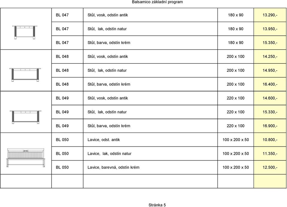 950,- BL 048 Stůl, barva, odstín krém 200 x 100 16.400,- BL 049 Stůl, vosk, odstín antik 220 x 100 14.600,- BL 049 Stůl, lak, odstín natur 220 x 100 15.