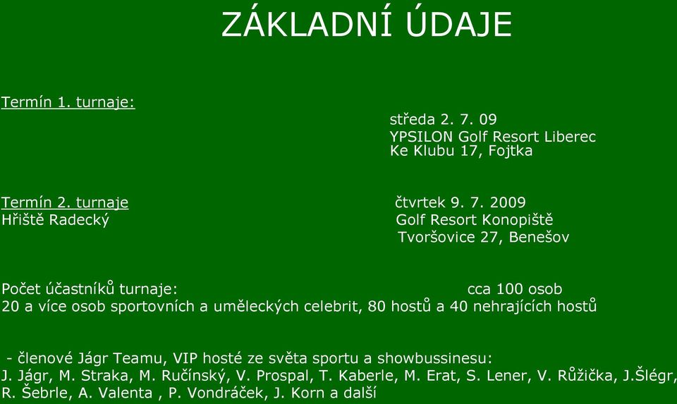 2009 Hřiště Radecký Golf Resort Konopiště Tvoršovice 27, Benešov Počet účastníků turnaje: cca 100 osob 20 a více osob sportovních a