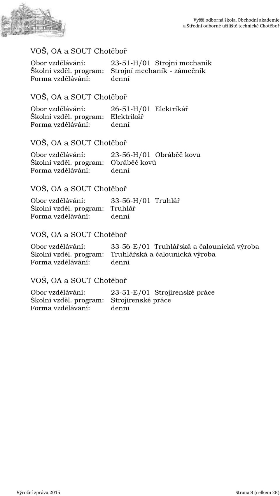 program: Elektrikář Forma vzdělávání: denní VOŠ, OA a SOUT Chotěboř Obor vzdělávání: 23-56-H/01 Obráběč kovů Školní vzděl.