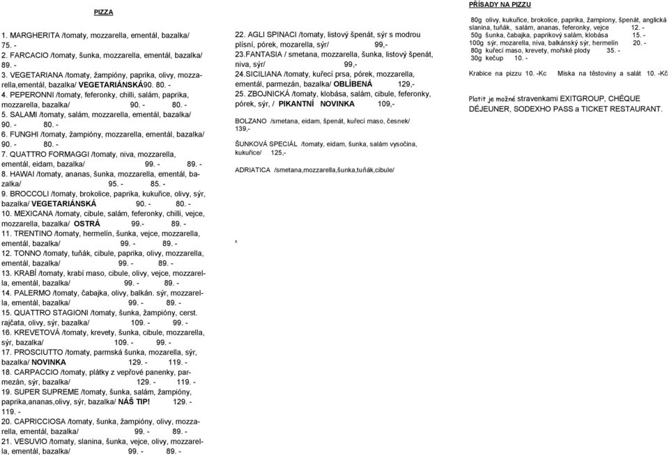 SALAMI /tomaty, salám, mozzarella, ementál, bazalka/ 90. - 80. - 6. FUNGHI /tomaty, ţampióny, mozzarella, ementál, bazalka/ 90. - 80. - 7.