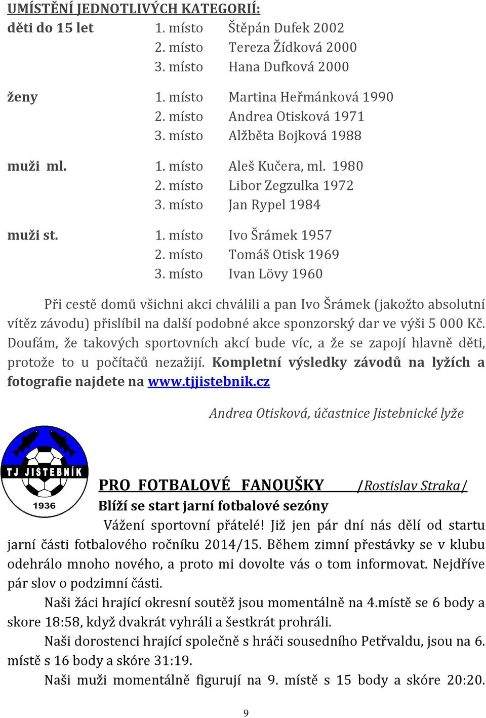 místo Tomáš Otisk 1969 3. místo Ivan Lövy 1960 Při cestě domů všichni akci chválili a pan Ivo Šrámek (jakožto absolutní vítěz závodu) přislíbil na další podobné akce sponzorský dar ve výši 5 000 Kč.