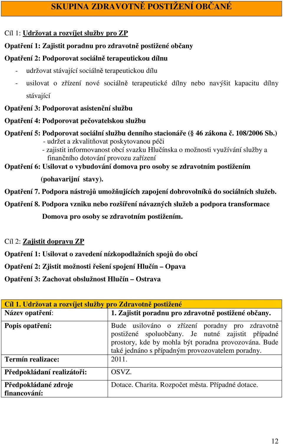 pečovatelskou službu Opatření 5: Podporovat sociální službu denního stacionáře ( 46 zákona č. 108/2006 Sb.