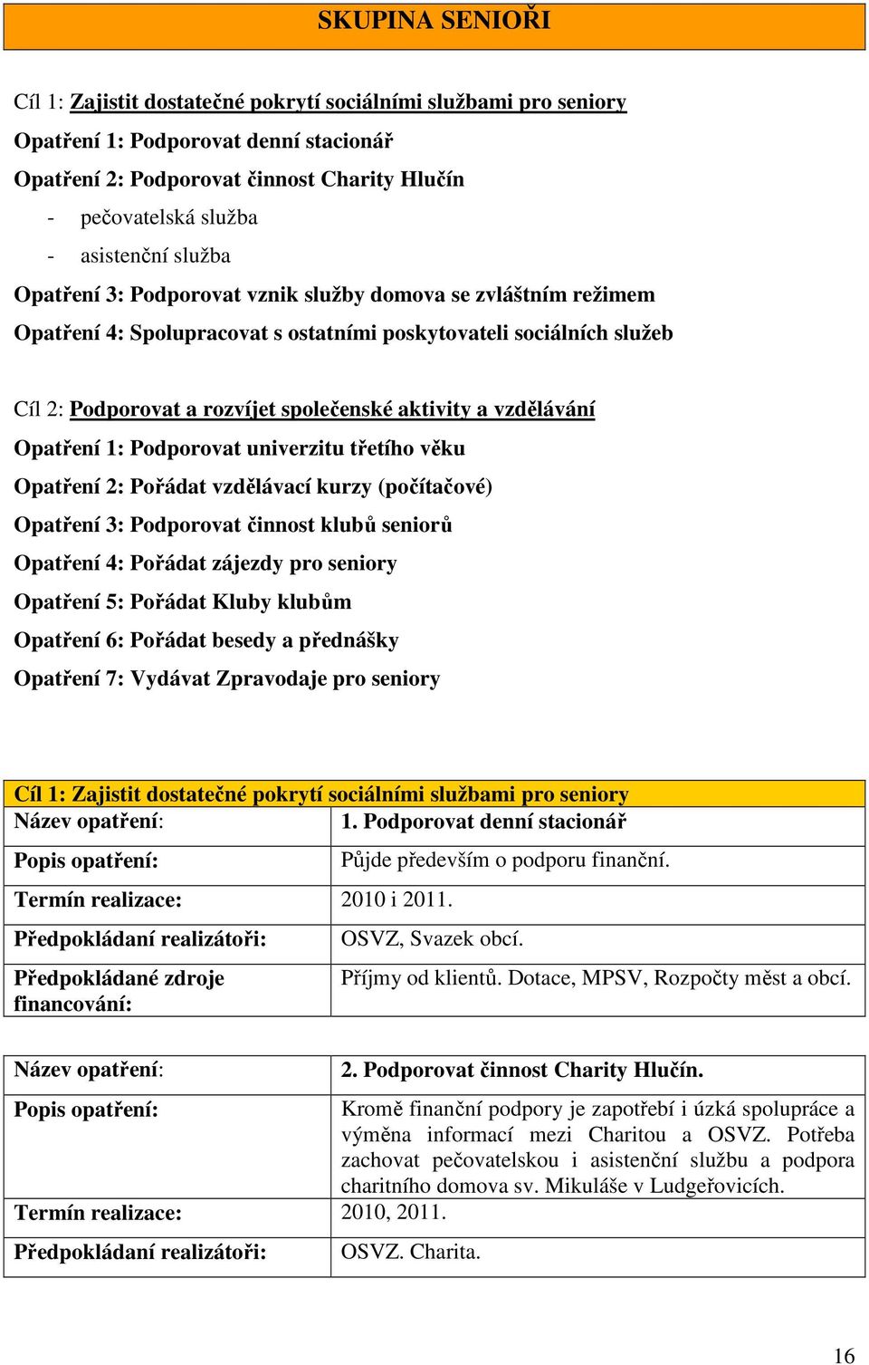 aktivity a vzdělávání Opatření 1: Podporovat univerzitu třetího věku Opatření 2: Pořádat vzdělávací kurzy (počítačové) Opatření 3: Podporovat činnost klubů seniorů Opatření 4: Pořádat zájezdy pro