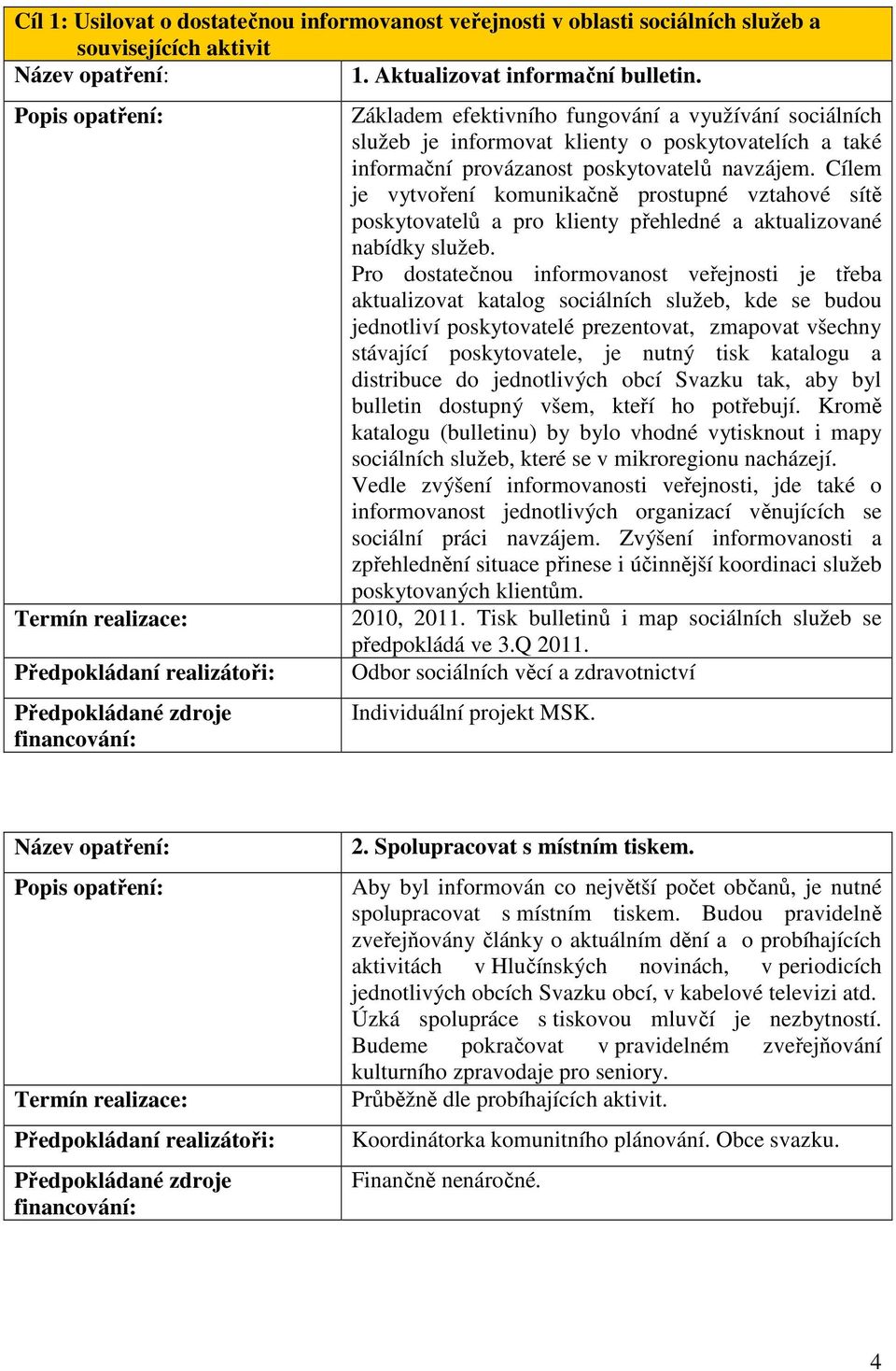 Cílem je vytvoření komunikačně prostupné vztahové sítě poskytovatelů a pro klienty přehledné a aktualizované nabídky služeb.