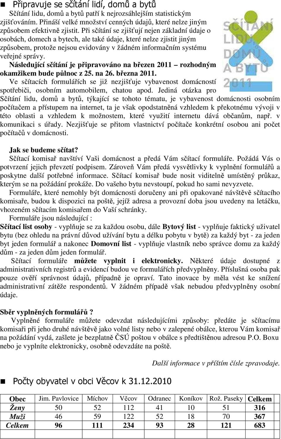 Následující sčítání je připravováno na březen 2011 rozhodným okamžikem bude půlnoc z 25. na 26. března 2011.