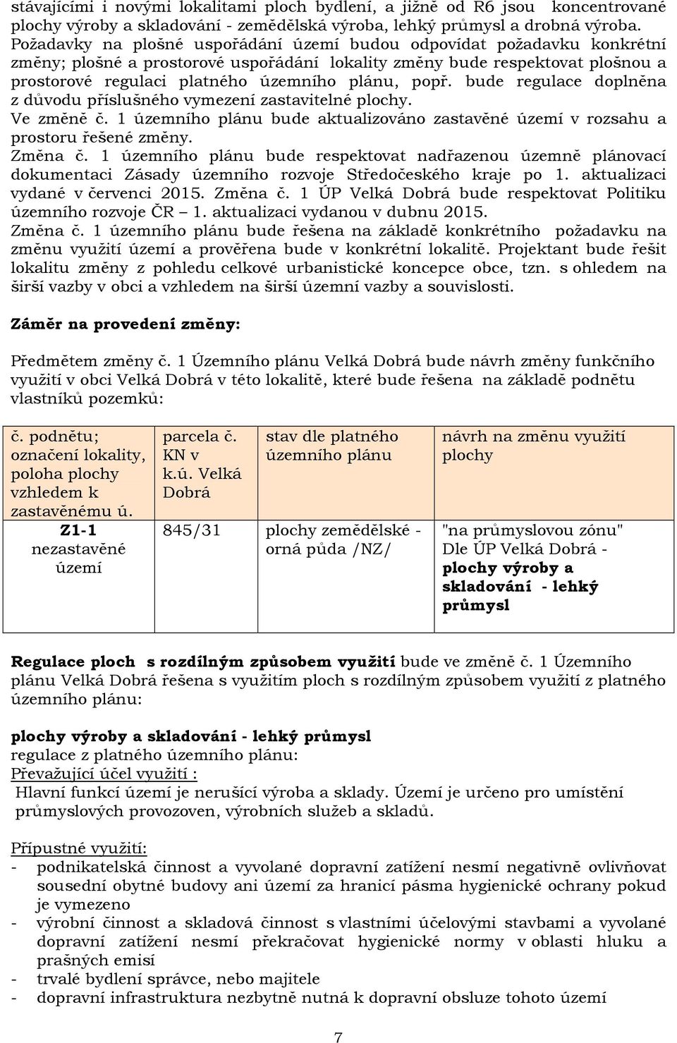 popř. bude regulace doplněna z důvodu příslušného vymezení zastavitelné plochy. Ve změně č. 1 územního plánu bude aktualizováno zastavěné území v rozsahu a prostoru řešené změny. Změna č.