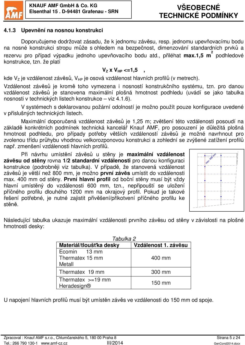 1,5 m 2 podhledové konstrukce, tzn. že platí V Z x V HP <=1,5, kde V Z je vzdálenost závěsů, V HP je osová vzdálenost hlavních profilů (v metrech).