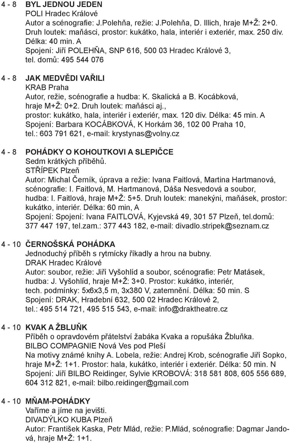 Kocábková, hraje M+Ž: 0+2. Druh loutek: maňásci aj., prostor: kukátko, hala, interiér i exteriér, max. 120 div. Délka: 45 min. A Spojení: Barbara KOCÁBKOVÁ, K Horkám 36, 102 00 Praha 10, tel.