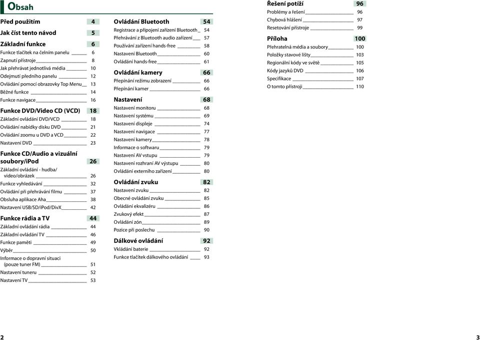 CD/Audio a vizuální soubory/ipod 26 Základní ovládání - hudba/ video/obrázek 26 Funkce vyhledávání 32 Ovládání při přehrávání filmu 37 Obsluha aplikace Aha 38 Nastavení USB/SD/iPod/DivX 42 Funkce