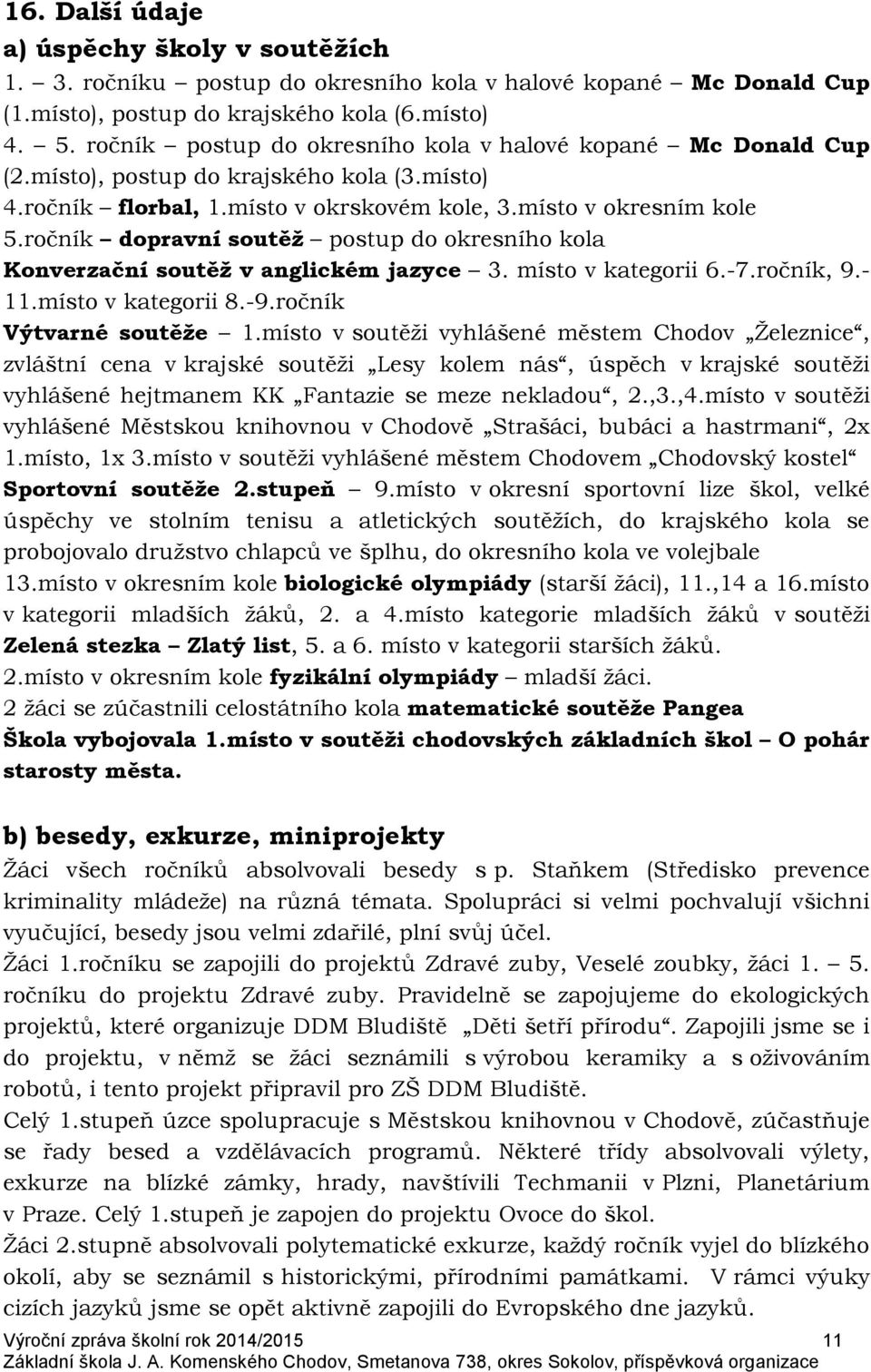 ročník dopravní soutěž postup do okresního kola Konverzační soutěž v anglickém jazyce 3. místo v kategorii 6.-7.ročník, 9.- 11.místo v kategorii 8.-9.ročník Výtvarné soutěže 1.