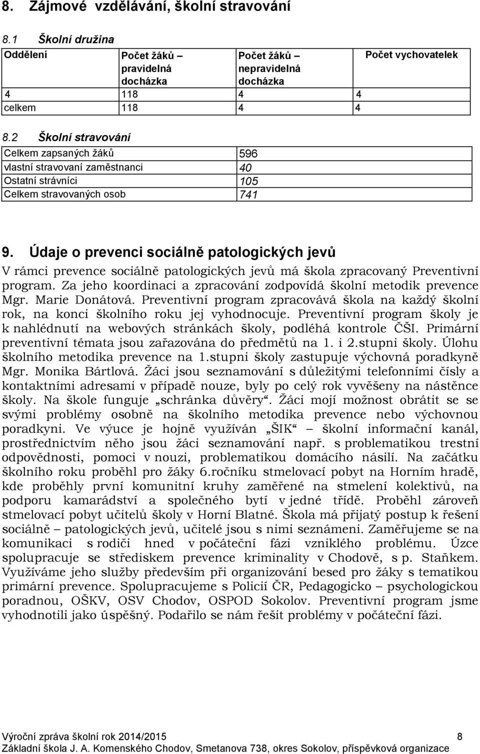 Údaje o prevenci sociálně patologických jevů V rámci prevence sociálně patologických jevů má škola zpracovaný Preventivní program.