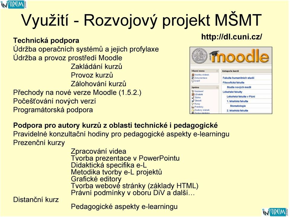 cz/ Podpora pro autory kurzů z oblasti technické i pedagogické Pravidelné konzultační hodiny pro pedagogické aspekty e-learningu Prezenční kurzy Zpracování videa