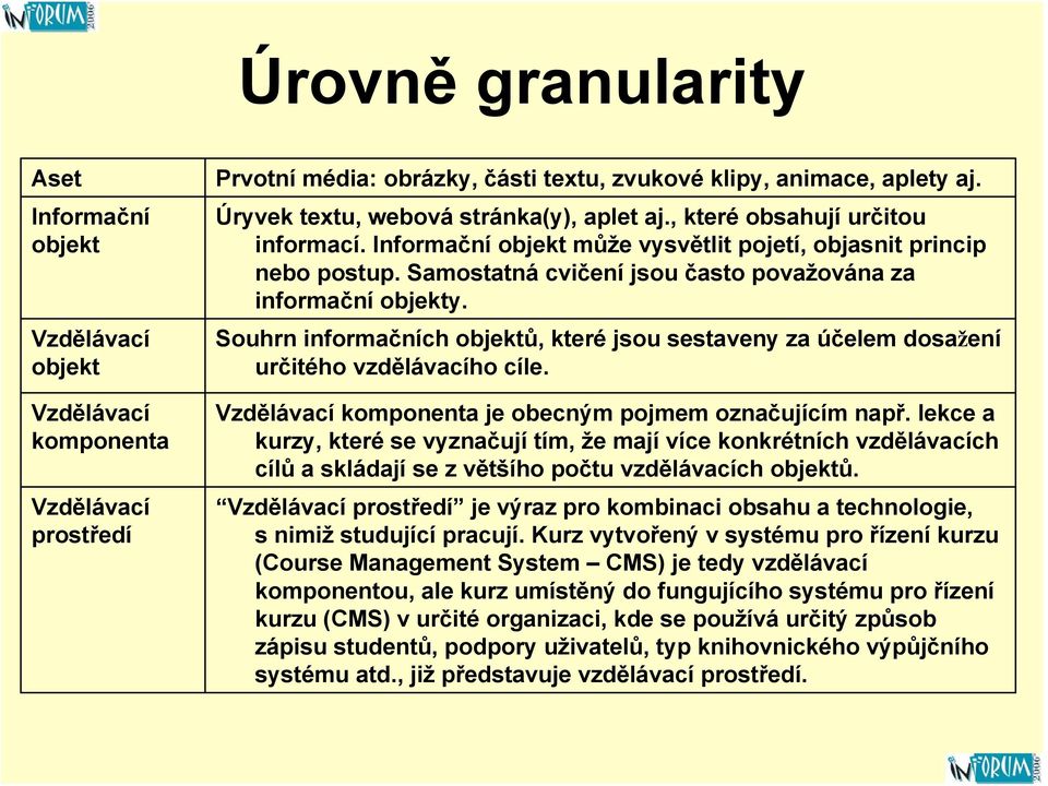 Samostatná cvičení jsou často považována za informační objekty. Souhrn informačních objektů, které jsou sestaveny za účelem dosažení určitého vzdělávacího cíle.