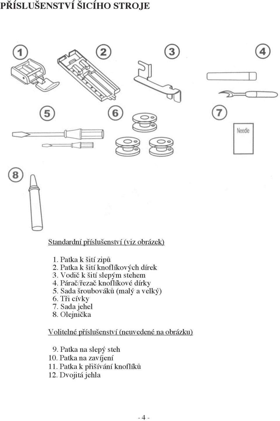 Sada šroubováků (malý a velký) 6. Tři cívky 7. Sada jehel 8.