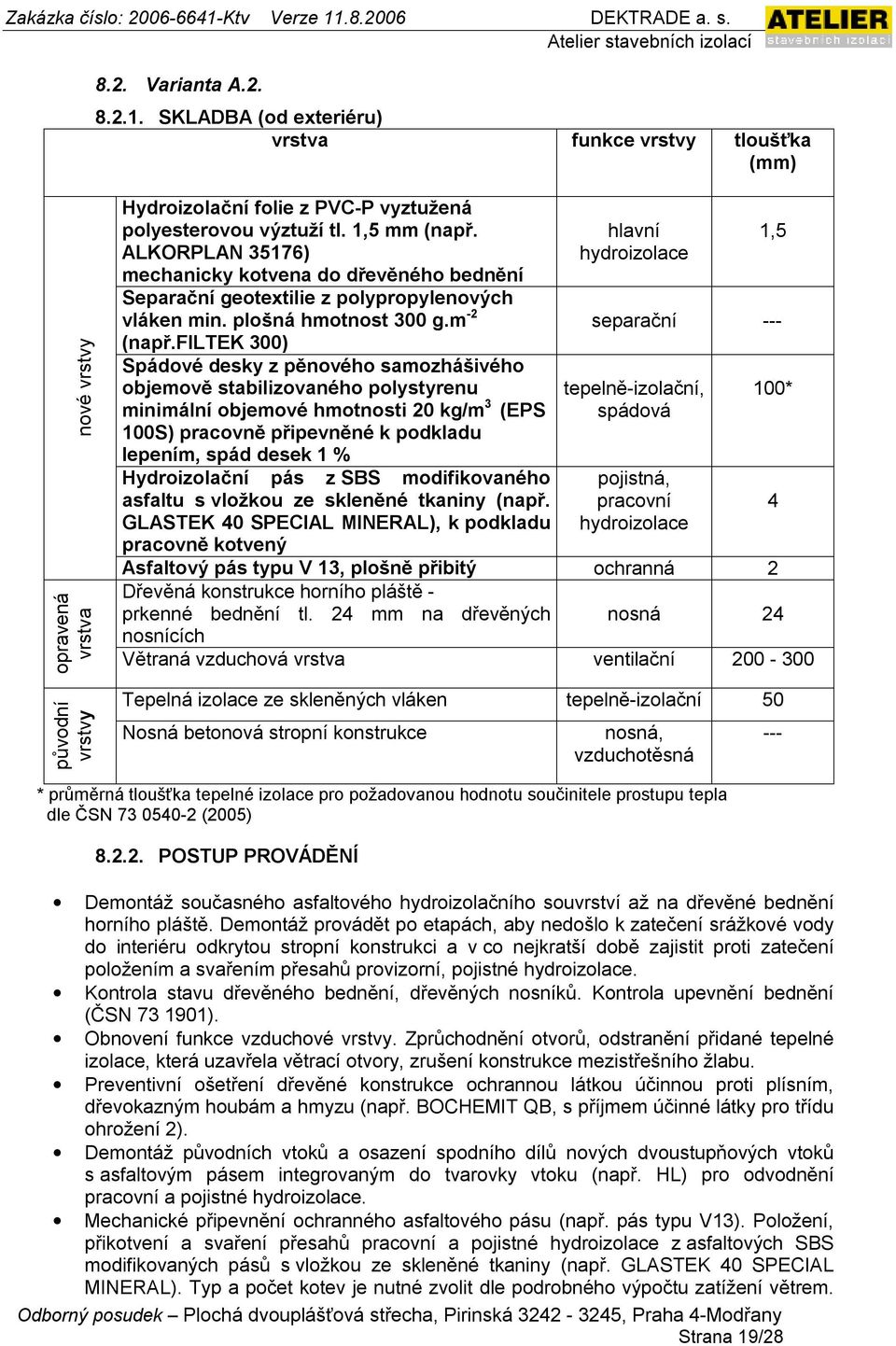 filtek 300) Spádové desky z pěnového samozhášivého objemově stabilizovaného polystyrenu minimální objemové hmotnosti 20 kg/m 3 (EPS 100S) pracovně připevněné k podkladu lepením, spád desek 1 %