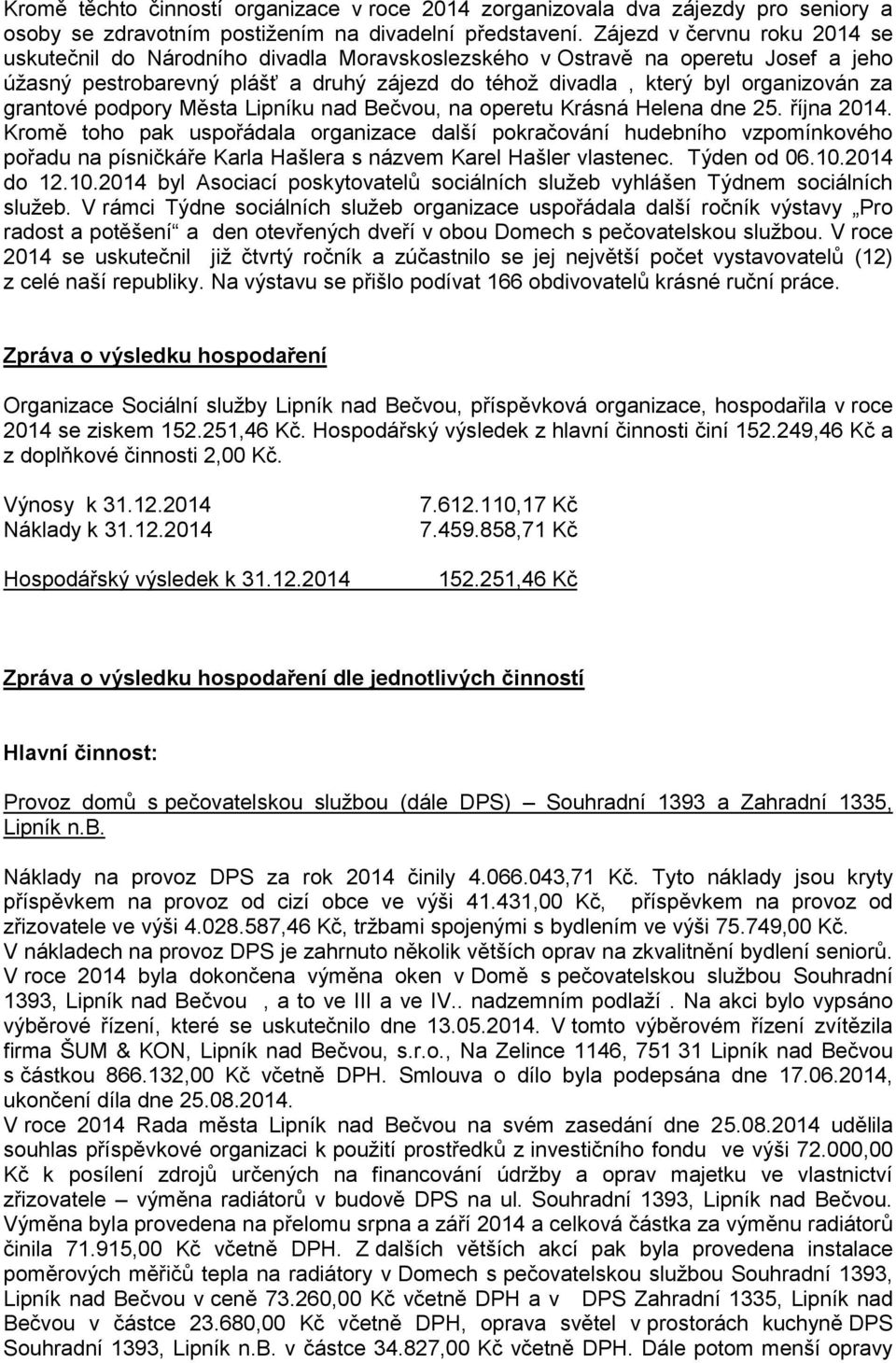 grantové podpory Města Lipníku nad Bečvou, na operetu Krásná Helena dne 25. října 2014.