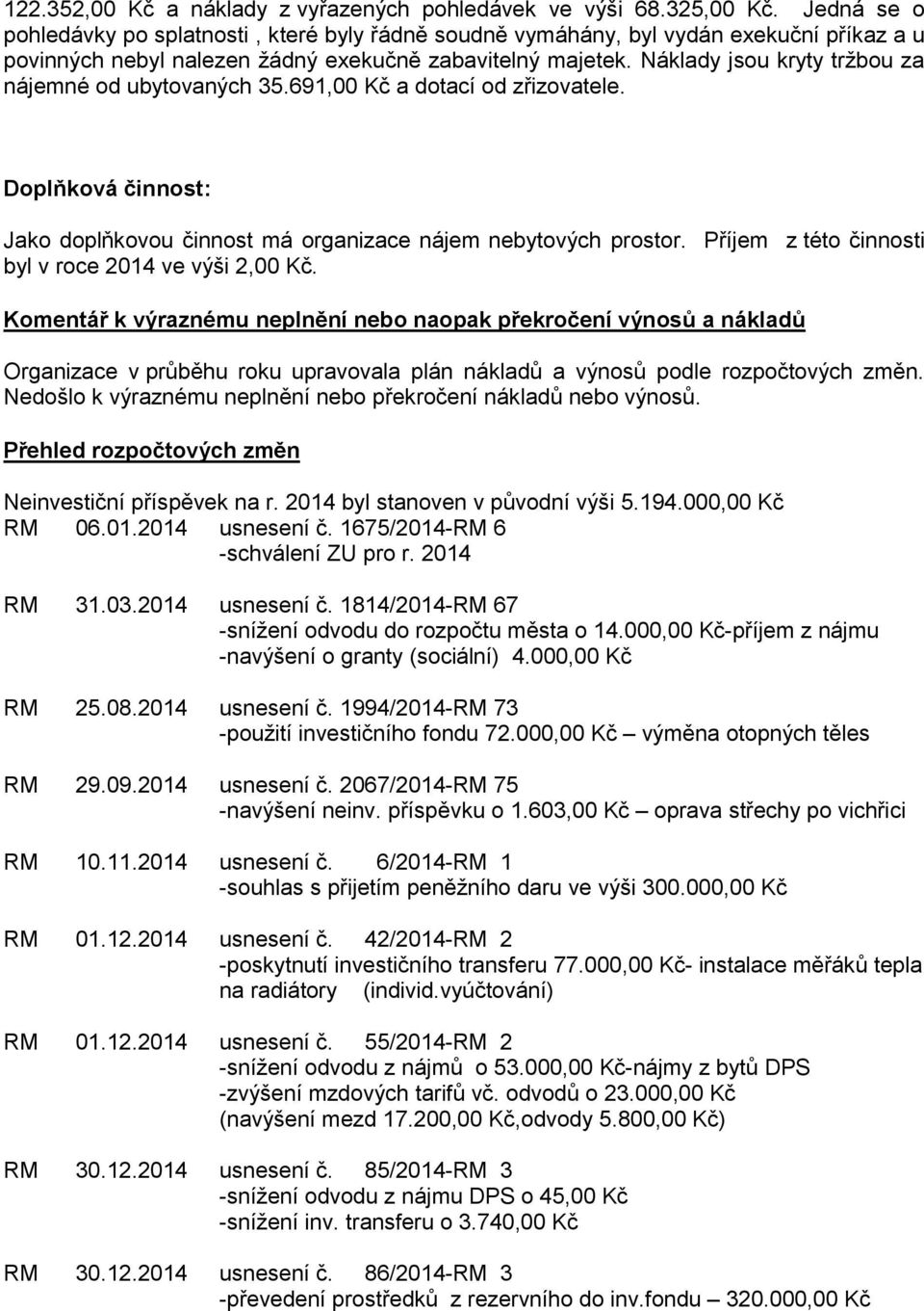 Náklady jsou kryty tržbou za nájemné od ubytovaných 35.691,00 Kč a dotací od zřizovatele. Doplňková činnost: Jako doplňkovou činnost má organizace nájem nebytových prostor.