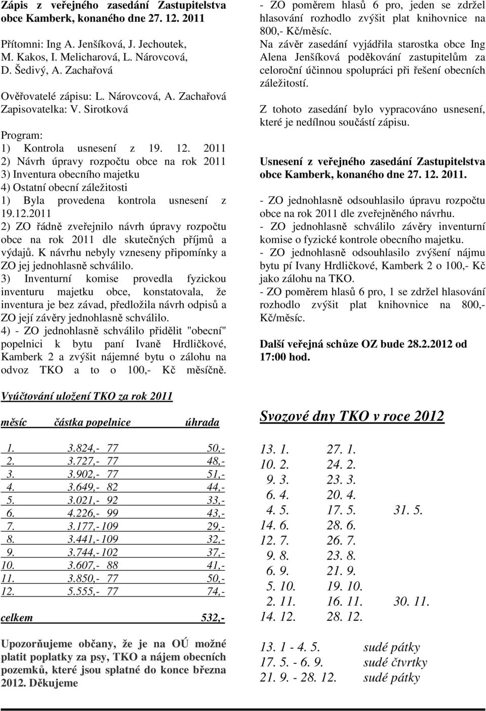 2011 2) Návrh úpravy rozpočtu obce na rok 2011 3) Inventura obecního majetku 4) Ostatní obecní záležitosti 1) Byla provedena kontrola usnesení z 19.12.