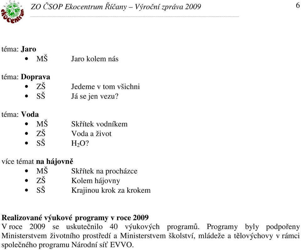 více témat na hájovně MŠ Skřítek na procházce ZŠ Kolem hájovny SŠ Krajinou krok za krokem Realizované výukové programy