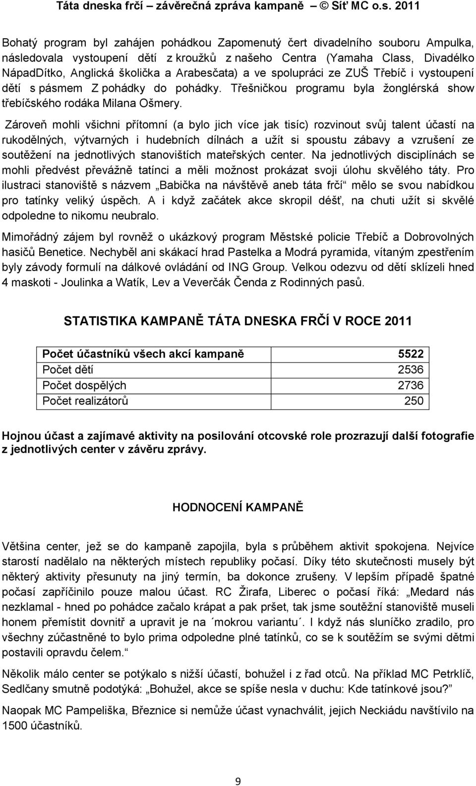 Zároveň mohli všichni přítomní (a bylo jich více jak tisíc) rozvinout svůj talent účastí na rukodělných, výtvarných i hudebních dílnách a uţít si spoustu zábavy a vzrušení ze soutěţení na