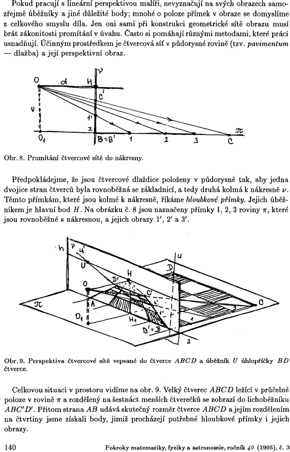 Účinným prostředkem je čtvercová síť v půdorysné rovině (tzv. pavimentum dlažba) a její perspektivní obraz. 0< &*B' Í Obr. 8. Promítání čtvercové sítě do nákresny.