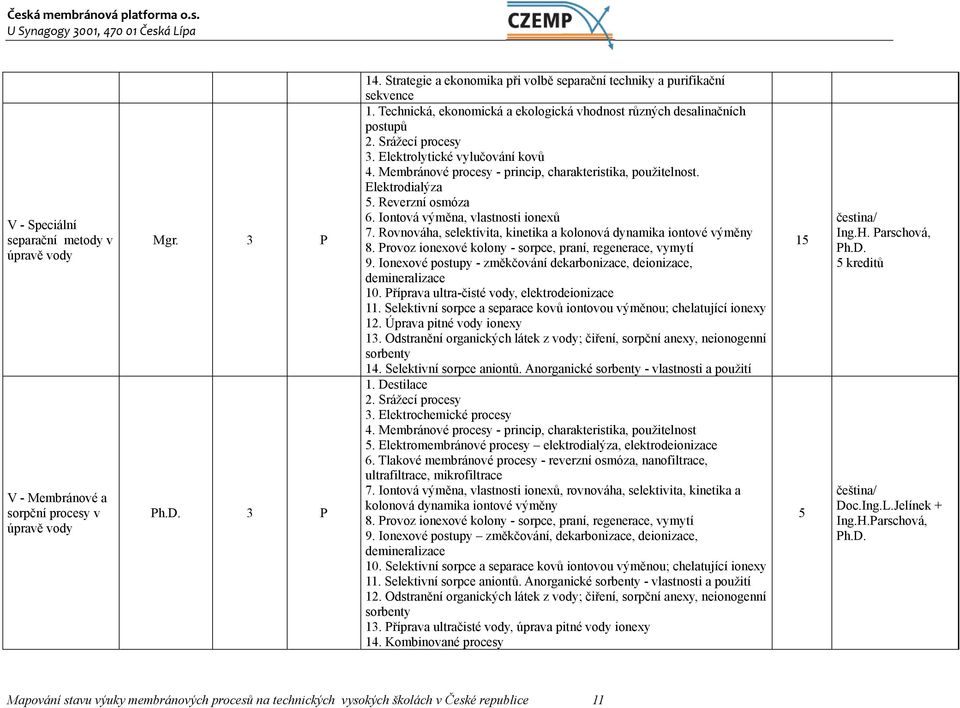 Elektrodialýza 5. Reverzní osmóza 6. Iontová výměna, vlastnosti ionexů 7. Rovnováha, selektivita, kinetika a kolonová dynamika iontové výměny 8.