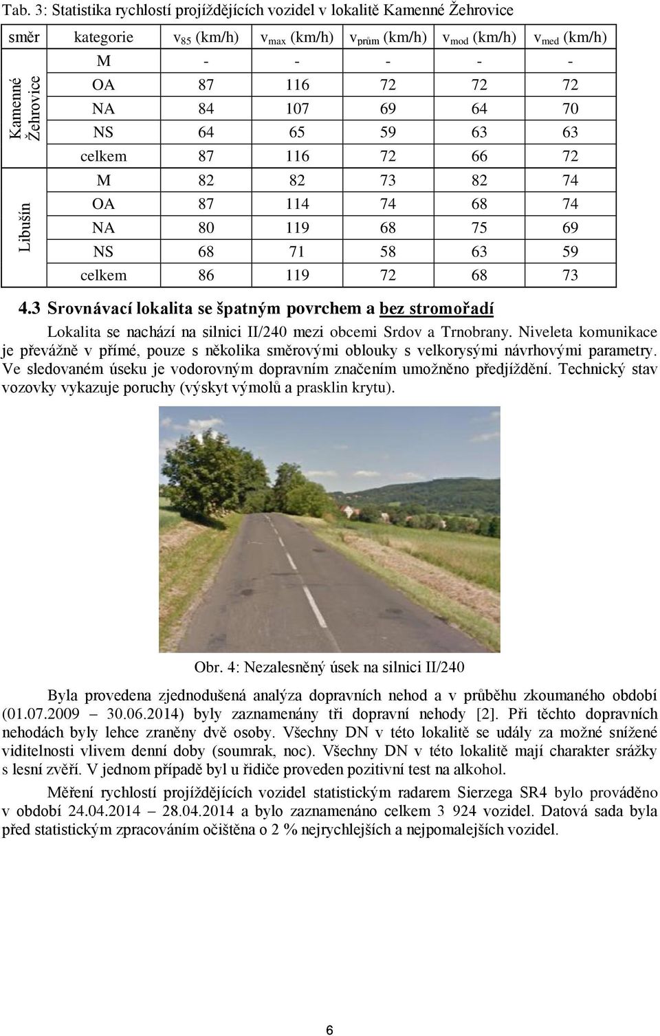 3 Srovnávací lokalita se špatným povrchem a bez stromořadí Lokalita se nachází na silnici II/240 mezi obcemi Srdov a Trnobrany.