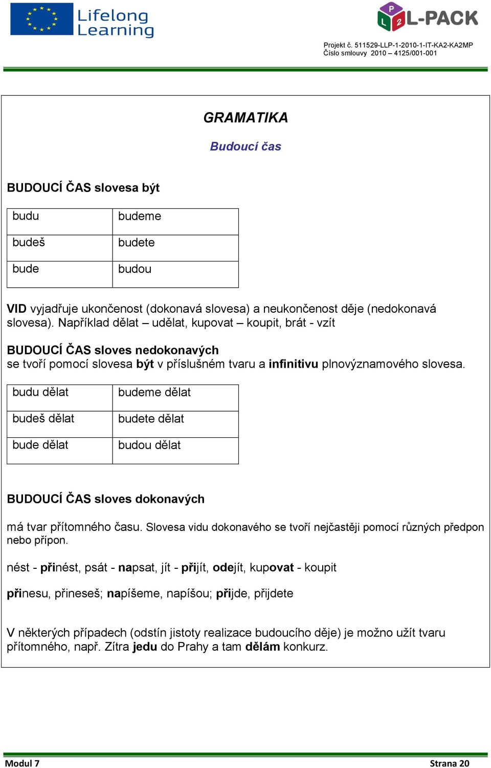 budu dělat budeš dělat bude dělat budeme dělat budete dělat budou dělat BUDOUCÍ ČAS sloves dokonavých má tvar přítomného času.