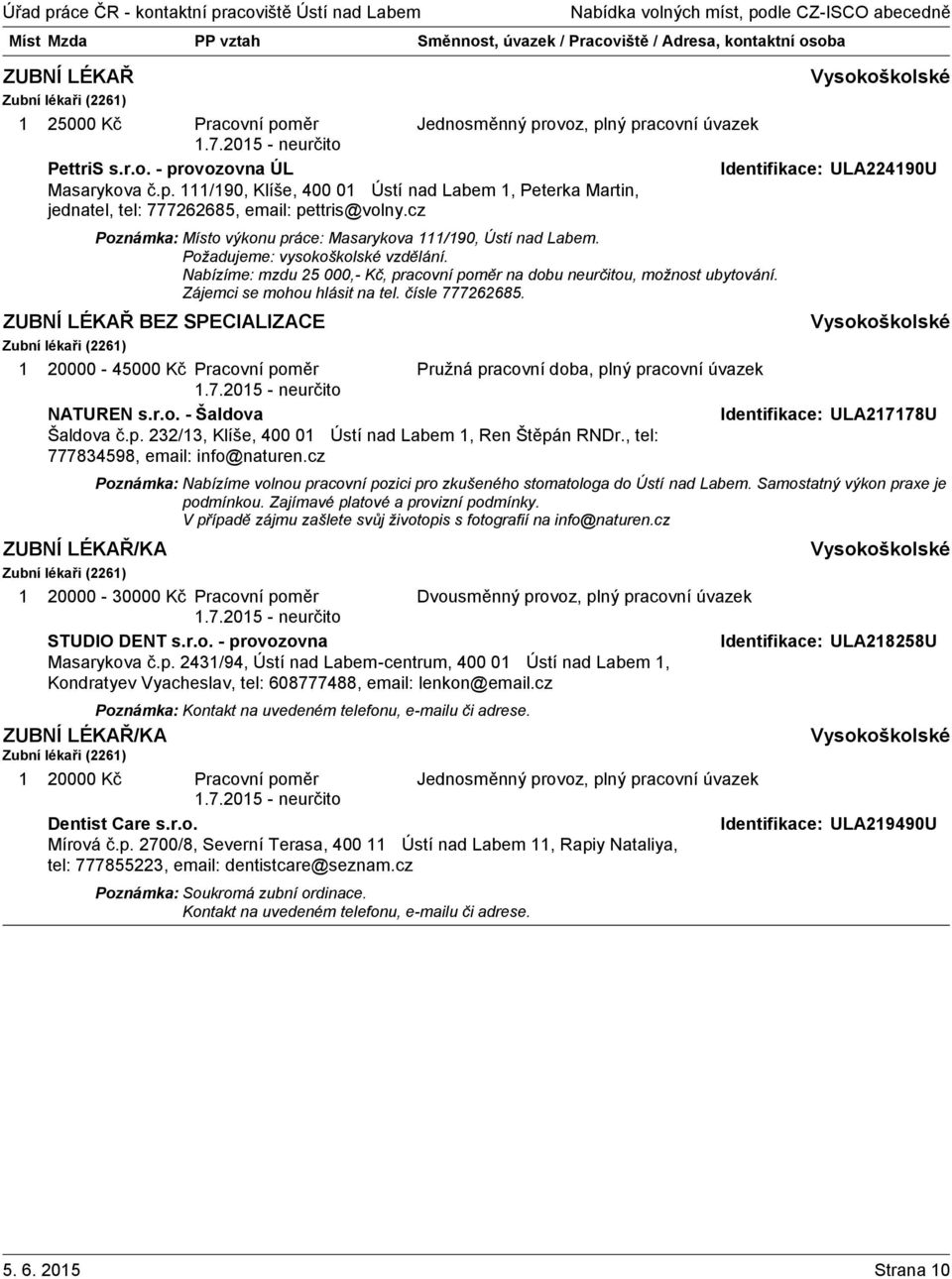 Zájemci se mohou hlásit na tel. čísle 777262685. ZUBNÍ LÉKAŘ BEZ SPECIALIZACE Zubní lékaři (226) 20000-45000 Kč Pracovní poměr NATUREN s.r.o. - Šaldova Identifikace: ULA2778U Šaldova č.p. 232/3, Klíše, 400 0 Ústí nad Labem, Ren Štěpán RNDr.