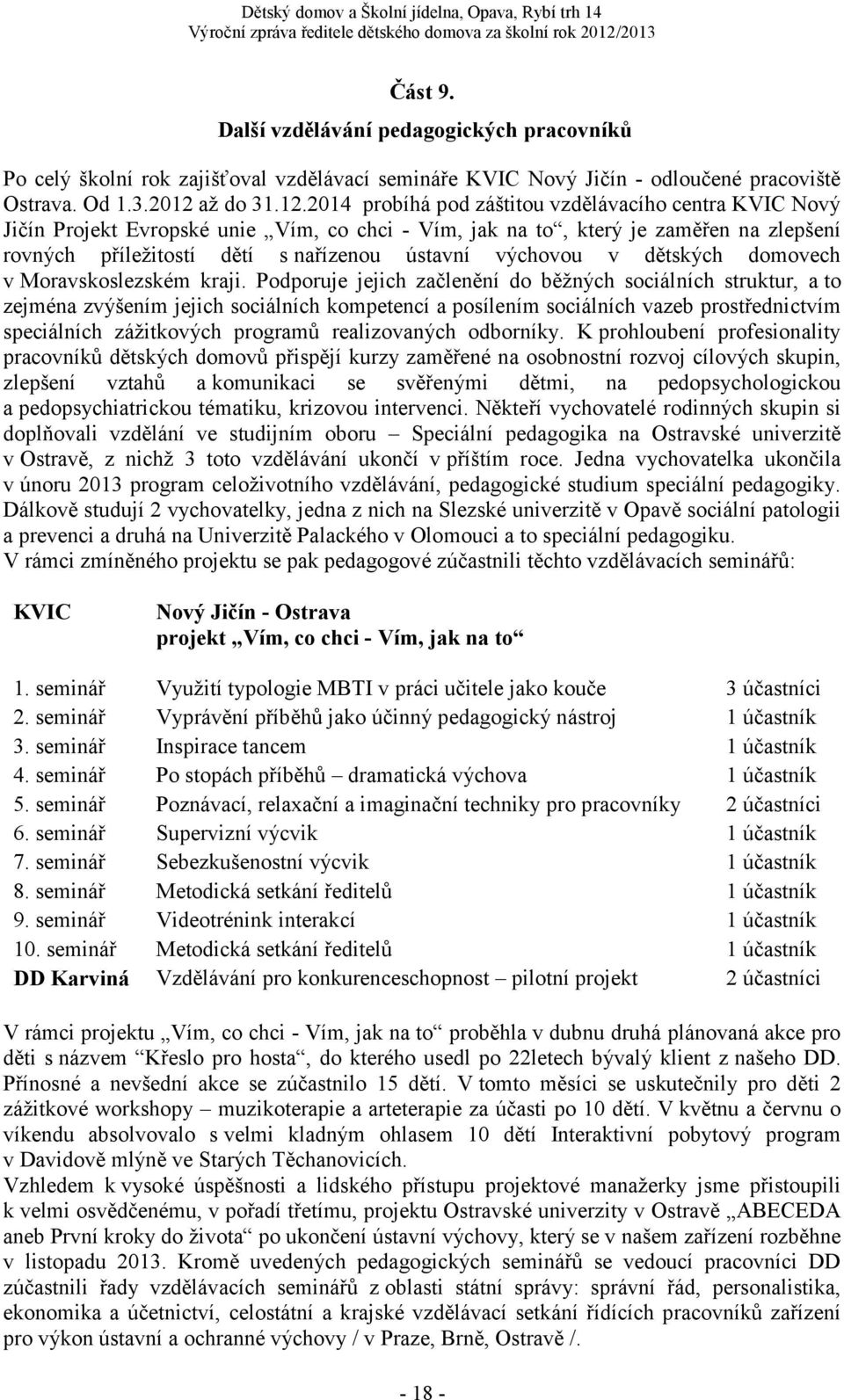 2014 probíhá pod záštitou vzdělávacího centra KVIC Nový Jičín Projekt Evropské unie Vím, co chci - Vím, jak na to, který je zaměřen na zlepšení rovných příležitostí dětí s nařízenou ústavní výchovou