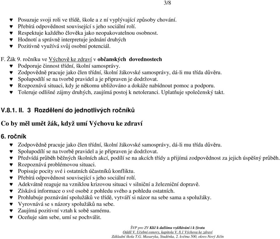 Zodpovědně pracuje jako člen třídní, školní žákovské samosprávy, dá-li mu třída důvěru. Spolupodílí se na tvorbě pravidel a je připraven je dodržovat.