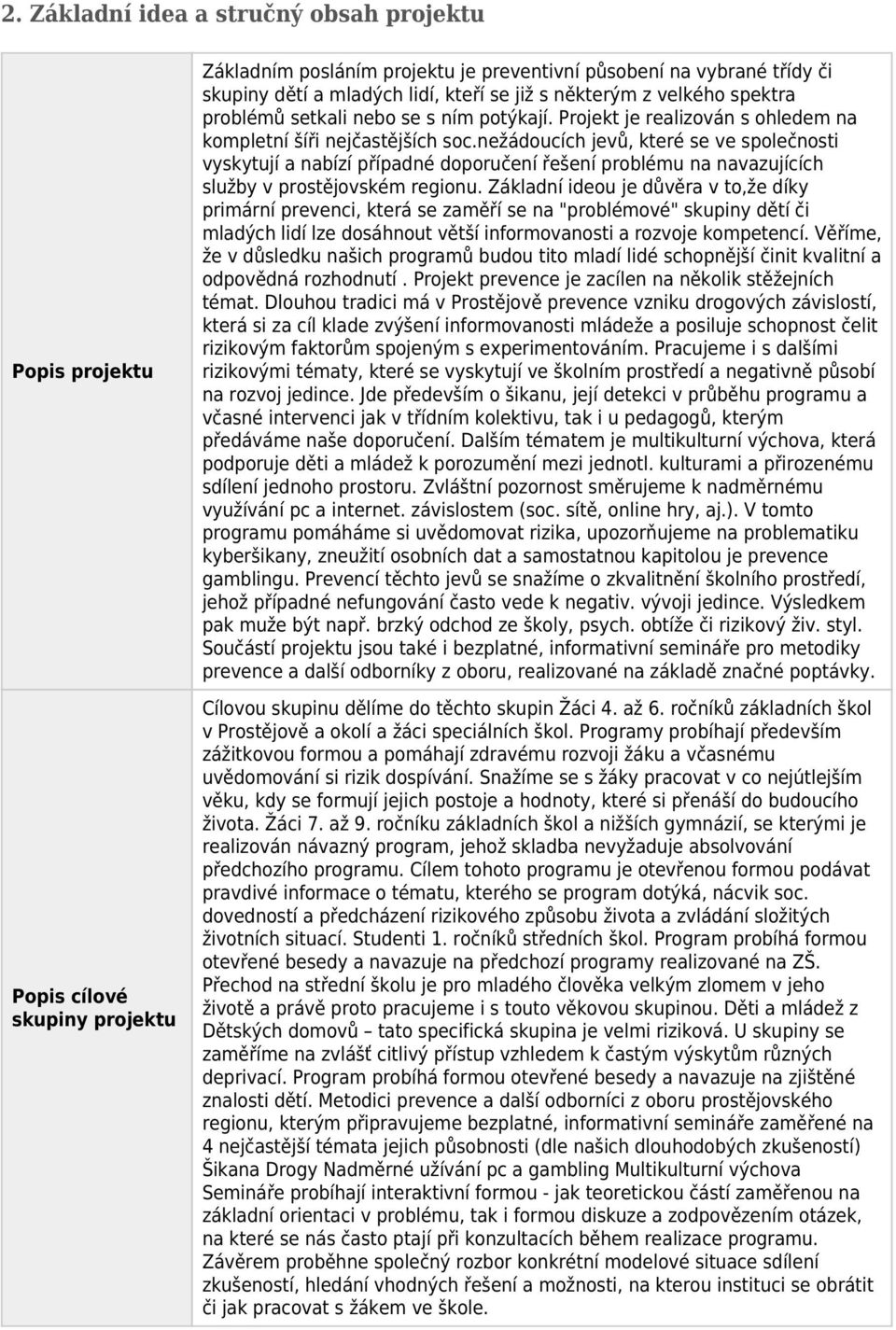 nežádoucích jevů, které se ve společnosti vyskytují a nabízí případné doporučení řešení problému na navazujících služby v prostějovském regionu.