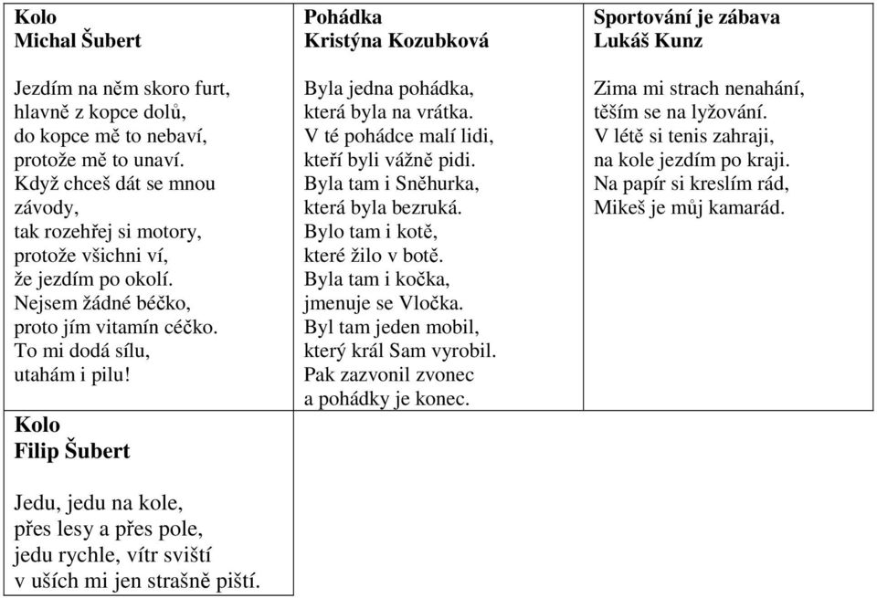 Kolo Filip Šubert Jedu, jedu na kole, přes lesy a přes pole, jedu rychle, vítr sviští v uších mi jen strašně piští. Pohádka Kristýna Kozubková Byla jedna pohádka, která byla na vrátka.