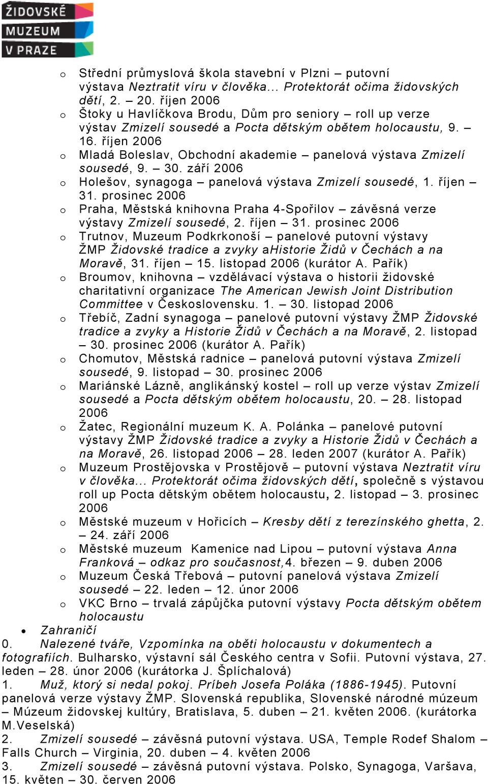 říjen 2006 o Mladá Boleslav, Obchodní akademie panelová výstava Zmizelí sousedé, 9. 30. září 2006 o Holešov, synagoga panelová výstava Zmizelí sousedé, 1. říjen 31.