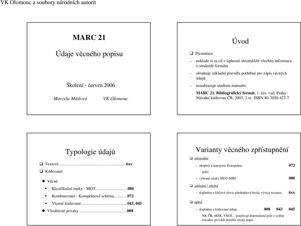 ....6xx Kódované: Věcné Klasifikační znaky - MDT...080 Kombinované - Konspektové schéma.072 Vlastní kódované.043, 045 Všeobecné povahy.