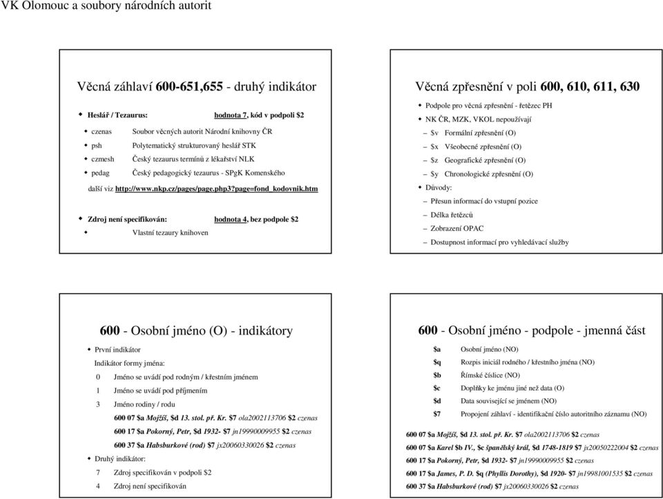 htm Zdroj není specifikován: hodnota 4, bez podpole $2 Vlastní tezaury knihoven Věcná zpřesnění v poli 600, 610, 611, 630 Podpole pro věcná zpřesnění -řetězec PH NK ČR, MZK, VKOL nepoužívají $v